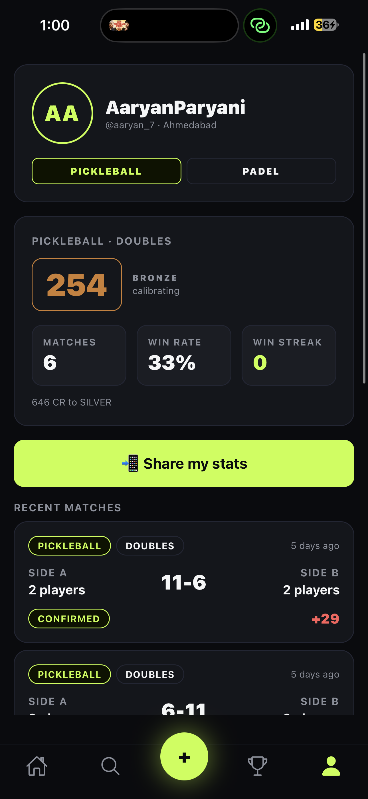PadlPair player profile showing rating, division, win rate and recent matches